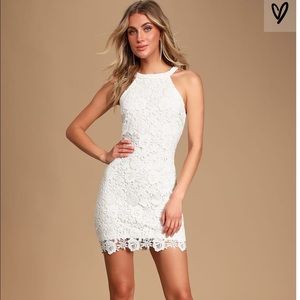 Lulu’s white lace dress with high neck.